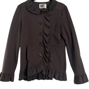 KUT from the Kloth Ruffle Knit Sweatshirt Long Button Boho Jacket Brown